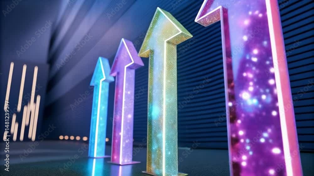 Poster five colorful translucent arrows pointing upwards on a reflective surface in a blue room setup