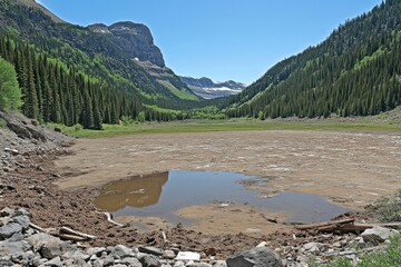 Dried mountain lake bed with surrounding peaks and forest.