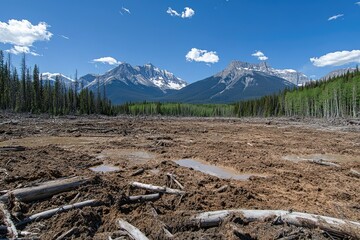 Forest clearing reveals barren land amidst mountain range.