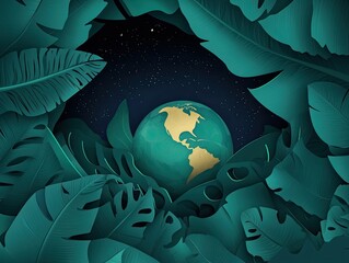 Lush tropical foliage frames a serene view of earth at night.