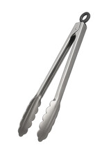 Pair of stainless steel kitchen tongs with black plastic loop on transparent background