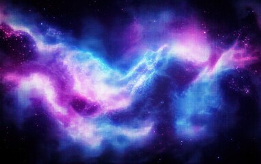 Naklejka premium Vibrant cosmic scene featuring swirling purple, pink, and blue nebula clouds with scattered bright stars against a deep space background, evoking wonder and mystery
