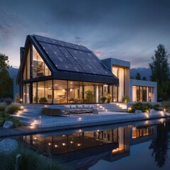 Obraz premium A stunning image of sustainable solar panel home, innovative house night sky roof, efficient exterior property evening technology, renewable ecological environmental, modern clean.