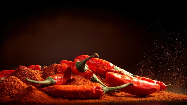 A fiery and dynamic image of whole red chili peppers surrounded by a dramatic burst of chili powder