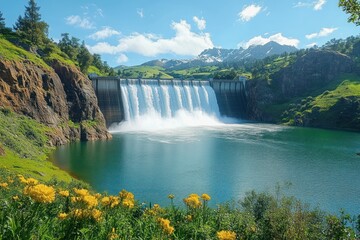 Fototapeta premium Scenic dam releasing water into reservoir surrounded by lush greenery and yellow wildflowers with snow-capped mountains and blue sky in background