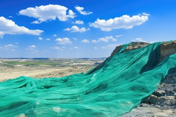 Turquoise protective netting draped over a desert hillside.