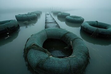 Foggy walkway with floating buoys on a calm lake.