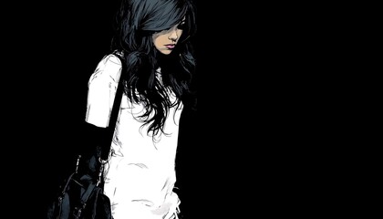 Obraz premium Woman with Long Dark Hair in Black and White