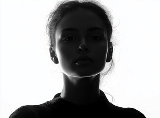 dramatic black and white silhouette portrait of a young woman with intense expression and high contrast lighting