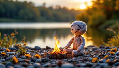 Cheerful crochet doll by the lakeside campfire nature scene warm evening glow tranquil environment