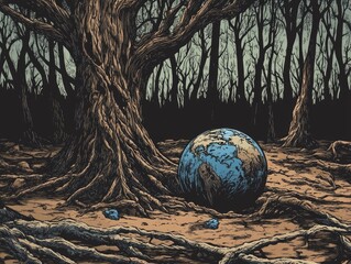 A massive earth rests in the midst of a barren, ancient forest.