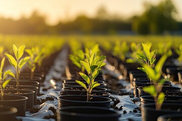 Newly planted seedlings emerge in rows under golden sunlight.
