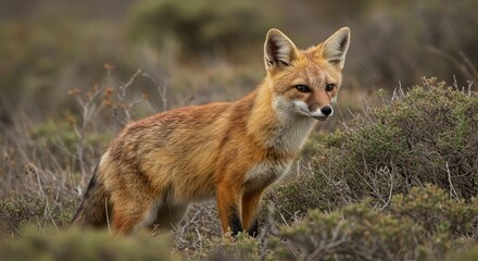 Foxy, alert creature amidst scrubby landscape