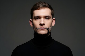 Person with a zipper over their mouth, representing silence or censorship.