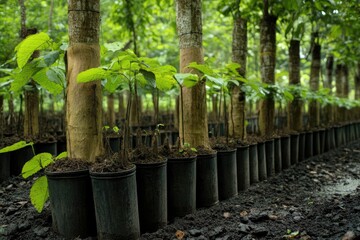 Rows of young trees cultivated in black pots.
