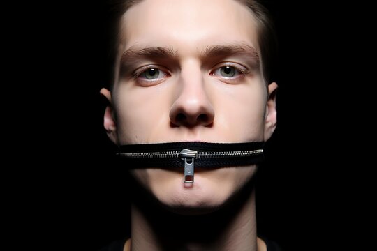 Person with a zipper over their mouth, representing silence or censorship. - Powered by Adobe