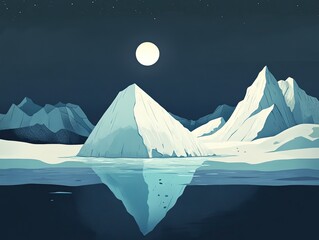 A serene arctic landscape reflecting a pyramid-shaped iceberg.