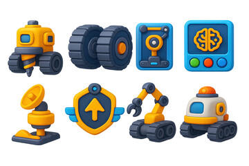 Fototapeta premium Technology 3d icons set – futuristic, digital, robotic symbols for innovation