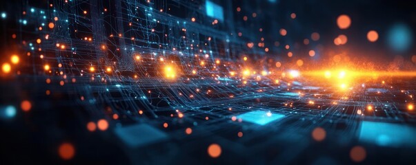 Fototapeta premium Abstract digital network with glowing orange and blue light particles flowing over a dark circuit-like grid evoking a sense of futuristic technology and data movement