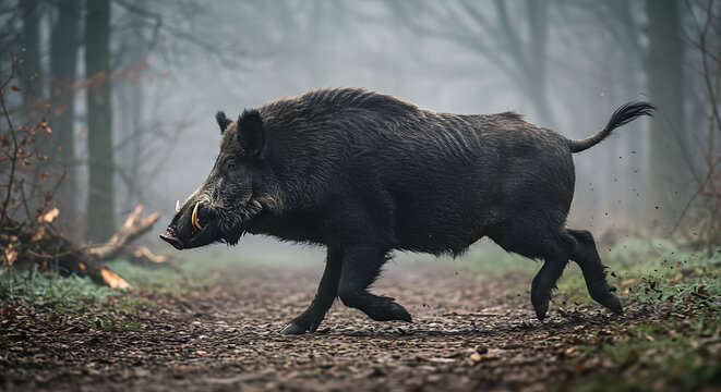 A powerful wild boar running through a foggy forest path, captured in stunning detail.
