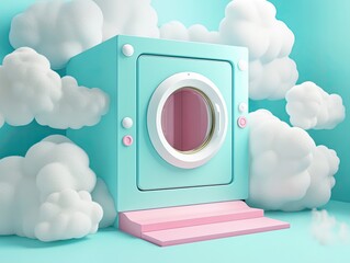 Pastel teal washing machine with puffy clouds.