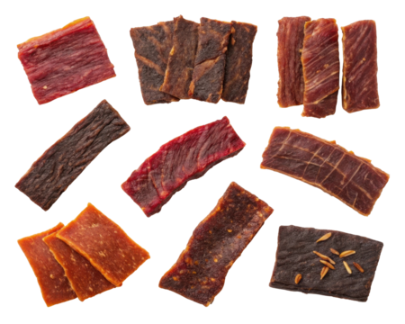 Assorted Varieties of Beef Jerky Snacks Displayed on a Transparent Background for Culinary Enjoyment