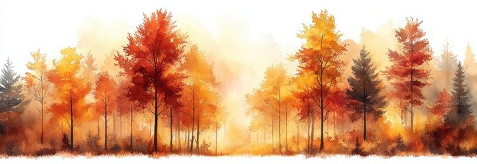 Bright autumn forest with tall trees displaying red, orange, and yellow foliage under soft diffused light creating a warm, serene atmosphere