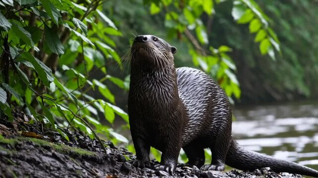 North american river otter emerging from lush riverbank