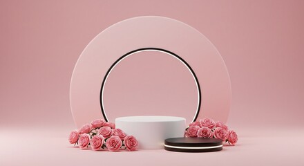 Elegant Pink Rose Floral Product Display Podium Minimalist 3D Render