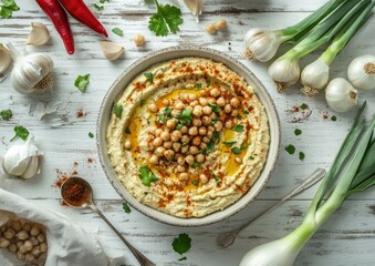 Creamy hummus topped with chickpeas