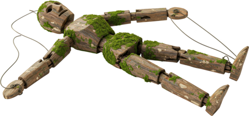 Overgrown Wooden Puppet Lying Down Mossy Decayed Vintage Toy Strings Attached Isolated