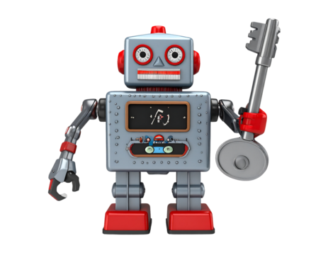 Gray Retro Robot Holding Key - Powered by Adobe