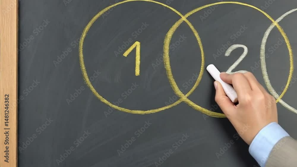 Poster Hand drawing venn diagram with chalk on blackboard showing the process of steps in circles
