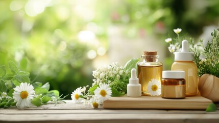 A wooden table with natural skincare products, surrounded by fresh herbs and flowers