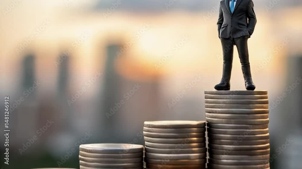 Aufkleber man in suit standing on stacked coins representing financial growth and success on blurred backgroun