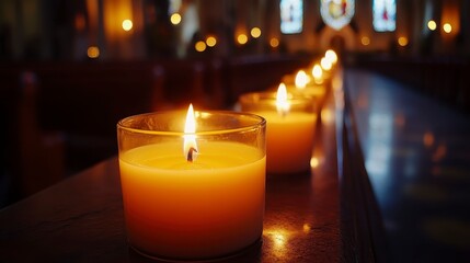 Tranquil Candles Illuminating Peaceful Church Interior at Dusk