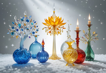 Christmas tree and decorations Elegant Artistic Glass Decor with Candles and Crystal Trees on Snowy Background
