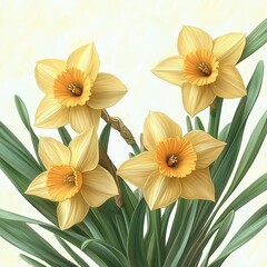 Fototapeta premium Close-up view of bright yellow daffodils with green leaves against a light softly blurred background, evoking a fresh and cheerful spring atmosphere