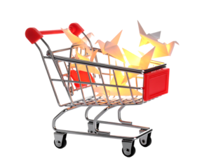 Burning Shopping Cart With Origami Birds On Black Background
