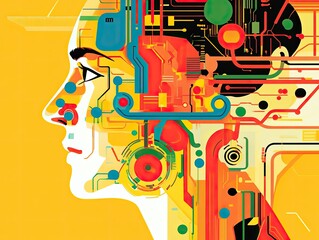 A colorful depiction of a human head integrated with intricate circuit board designs.