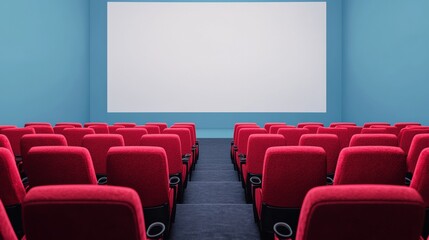 Obraz premium Empty cinema auditorium with red seats and blank screen awaiting audience