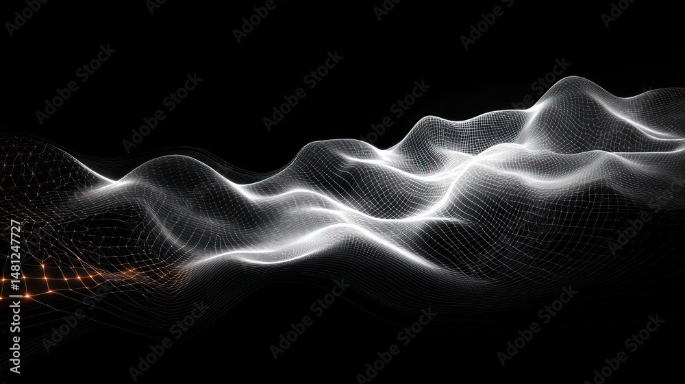 Wall mural glowing white and orange mesh grid waves creating a dynamic abstract digital landscape on a black ba