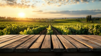 Wooden table surface against blurred vineyard landscape at sunset, perfect for product display montage.