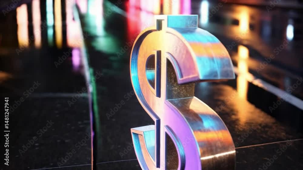 Poster iridescent dollar sign standing on a wet black surface with blurred light reflections around it