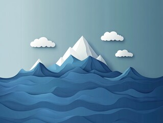 Papercraft mountain range over rippling blue water.