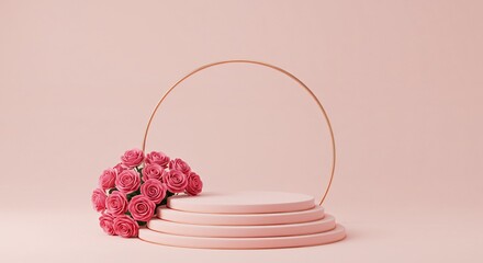 Elegant Pink Rose Bouquet Display on Modern Minimalist Pastel Platform Perfect for Product Showcase or Branding