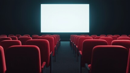 Obraz premium Empty cinema auditorium with illuminated white screen and red seats