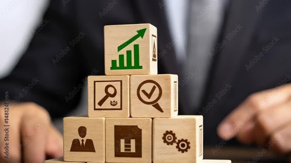 Poster Man stacking wooden blocks with business icons on table in suit jacket for strategy planning concept
