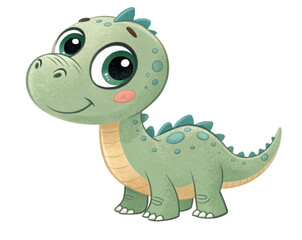 Playful Green Cartoon Dinosaur Character with Big Eyes and Friendly Expression on Transparent Background