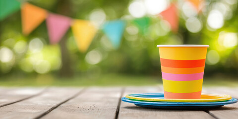 Bright striped paper cup and plates on a wooden table with colorful bunting in the background, outdoors.
